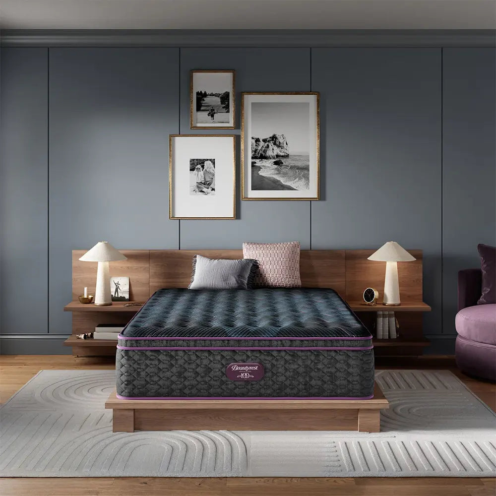 Simmons Beautyrest World Class 15.75 Inch Medium Pillow Top Mattress in a luxury modern bedroom setting.
