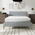 Front view of the South Bay EcoCore Hybrid Deluxe 12-inch medium plush mattress on a modern grey upholstered bed frame.
