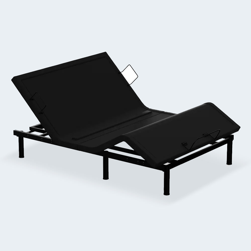 Three-quarter perspective of the MLILY MS 300 motorized bed frame showing maximum head elevation and heavy-duty steel construction.

