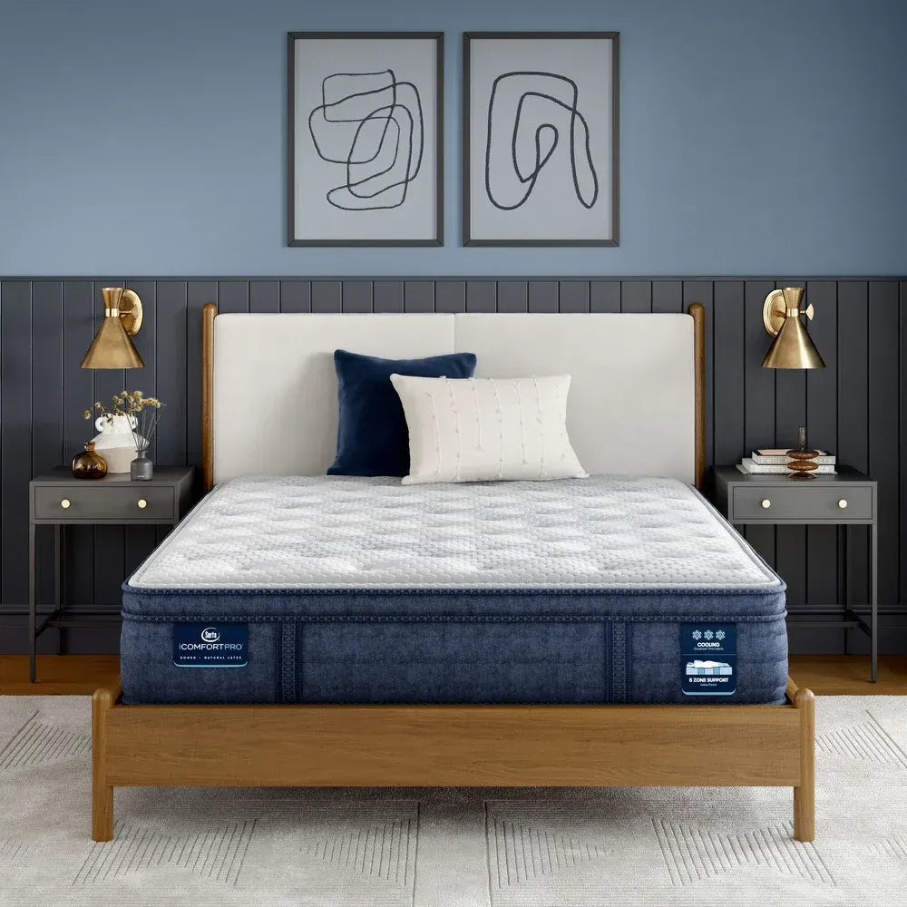 Serta iComfortPRO Dartmouth 15 inch plush pillow top mattress in a modern blue bedroom.
