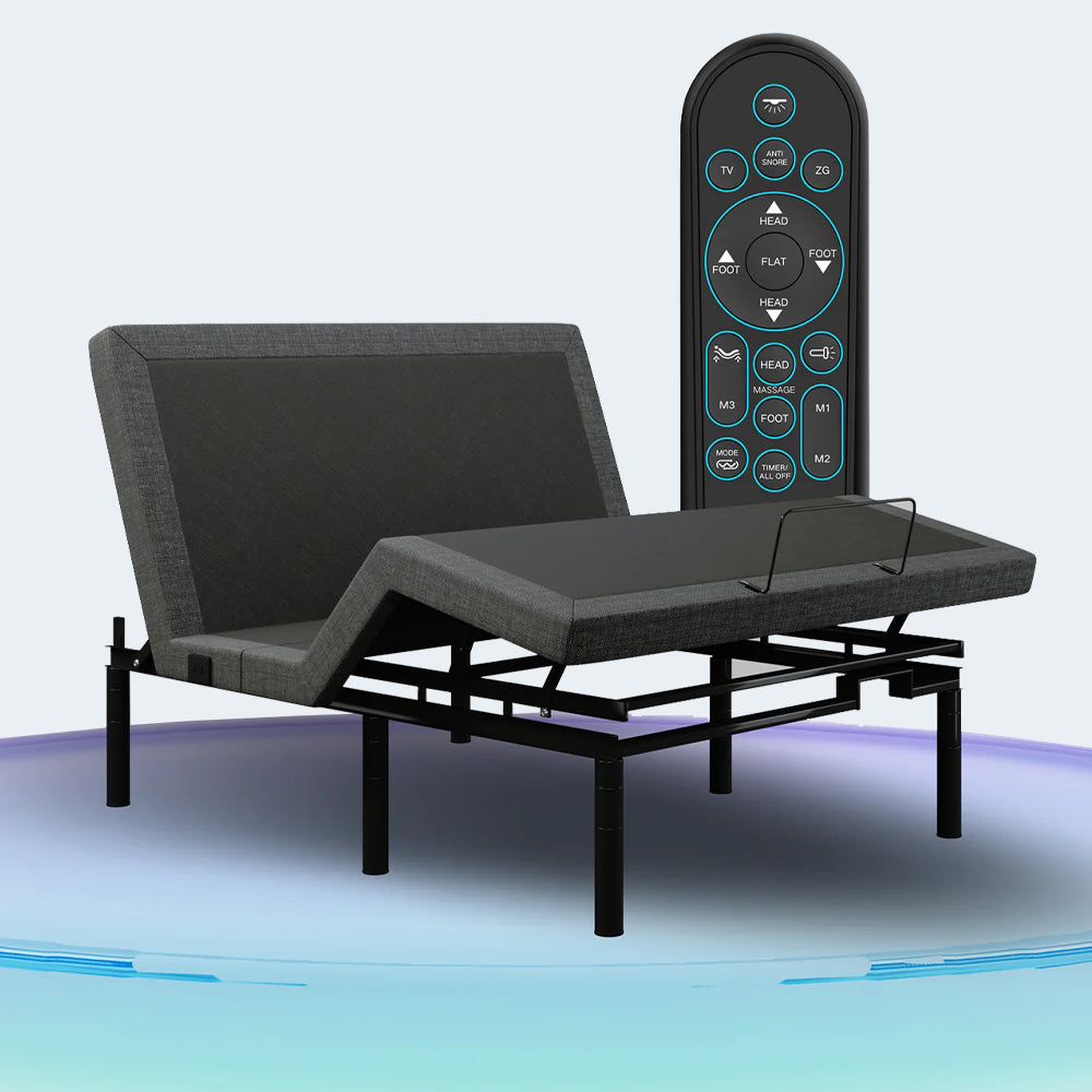 iDealBed Smart 4i custom adjustable bed base shown in an articulated position with its wireless remote featuring Zero Gravity and massage presets.
