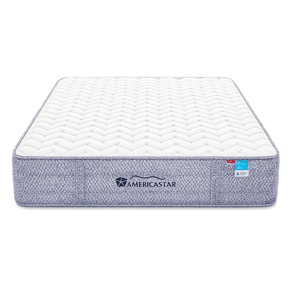 Front profile of the Americanstar Bluesky 11-inch firm mattress showcasing the brand logo and high-density woven side panels.
