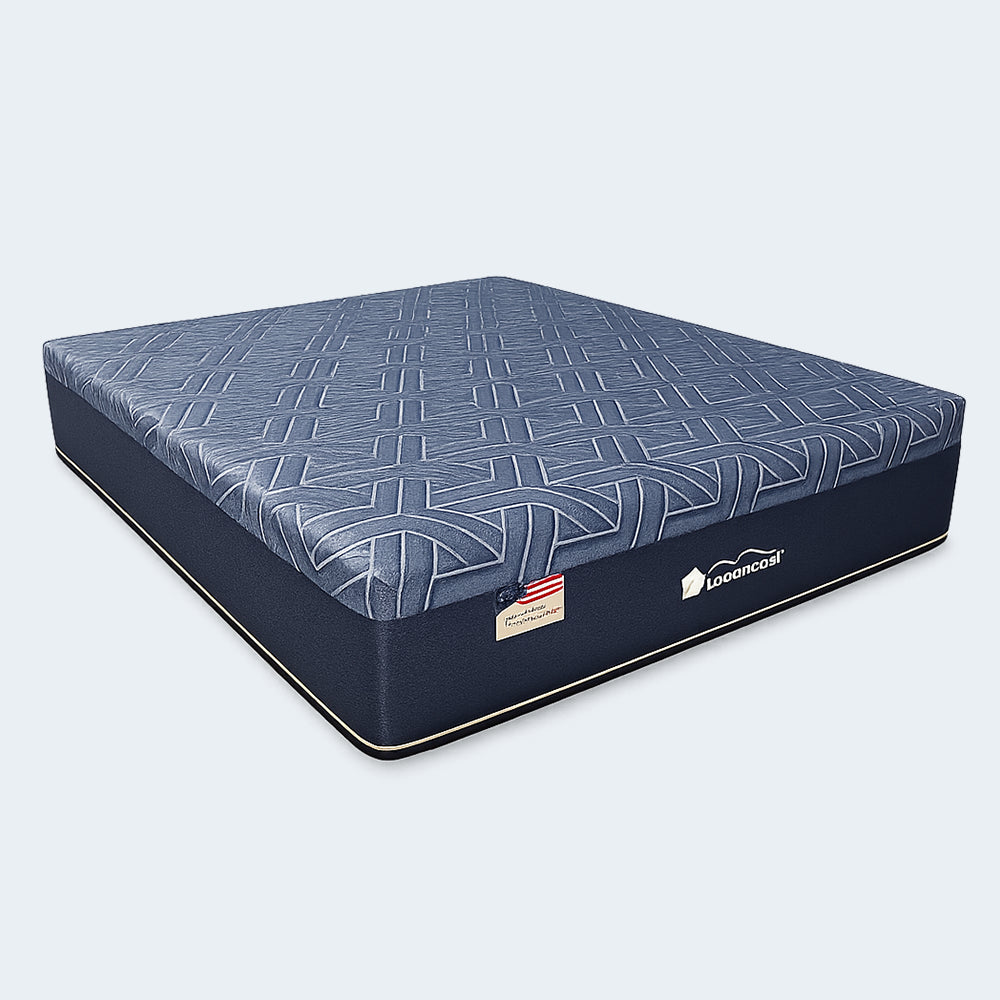 Angled view of the Americanstar Wave 14.5-inch Plush Hybrid Mattress showcasing the premium geometric patterned quilted top and navy blue side panels.
