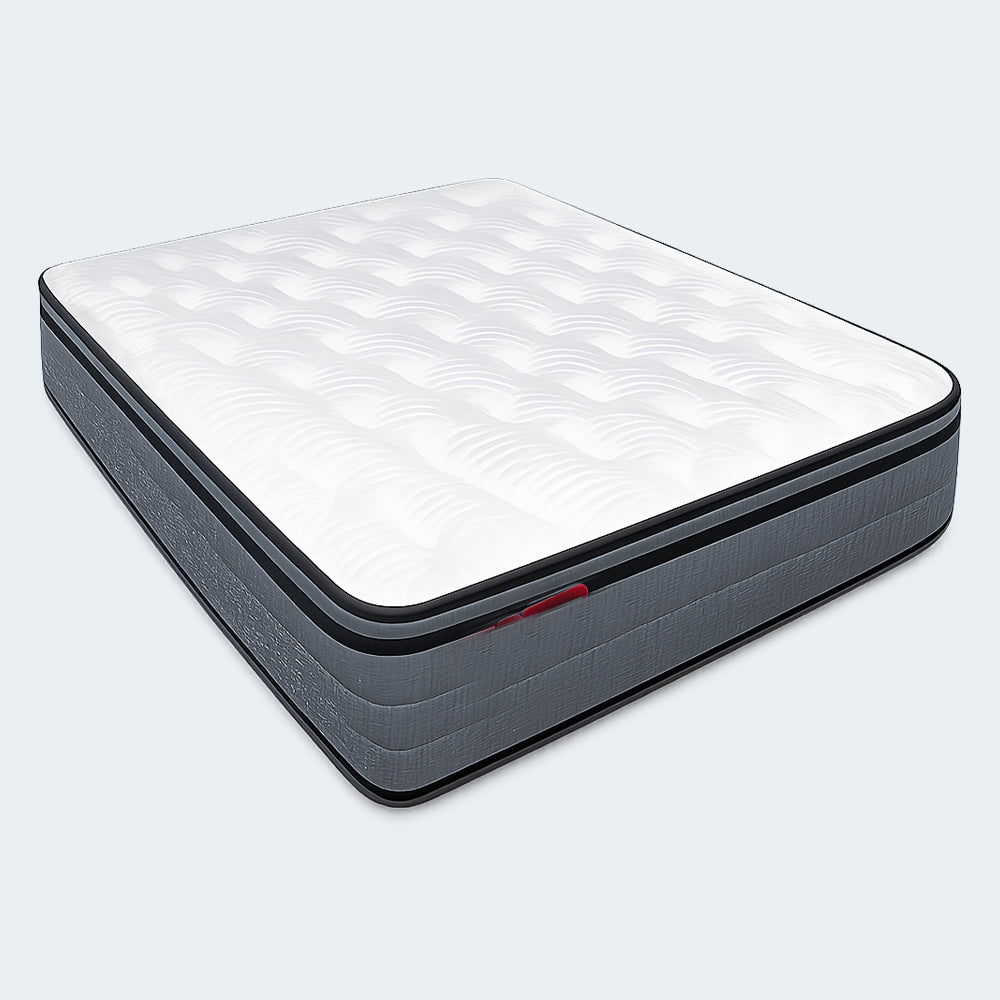 Angled view of the Americanstar Aria 12-inch medium mattress featuring a plush white quilted top and textured charcoal grey fabric sides with black piping.
