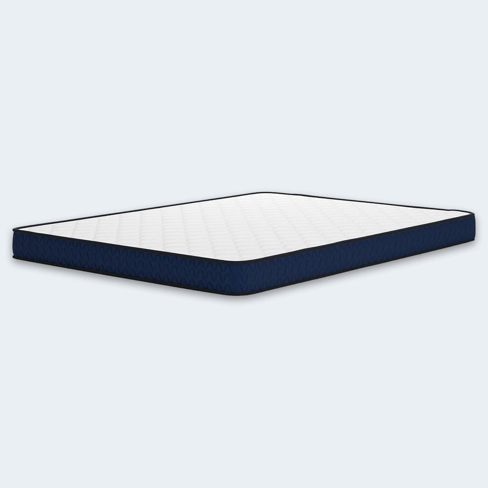 Full perspective view of the Ashley 6-inch firm mattress illustrating the slim 6-inch height and modern two-tone fabric design.