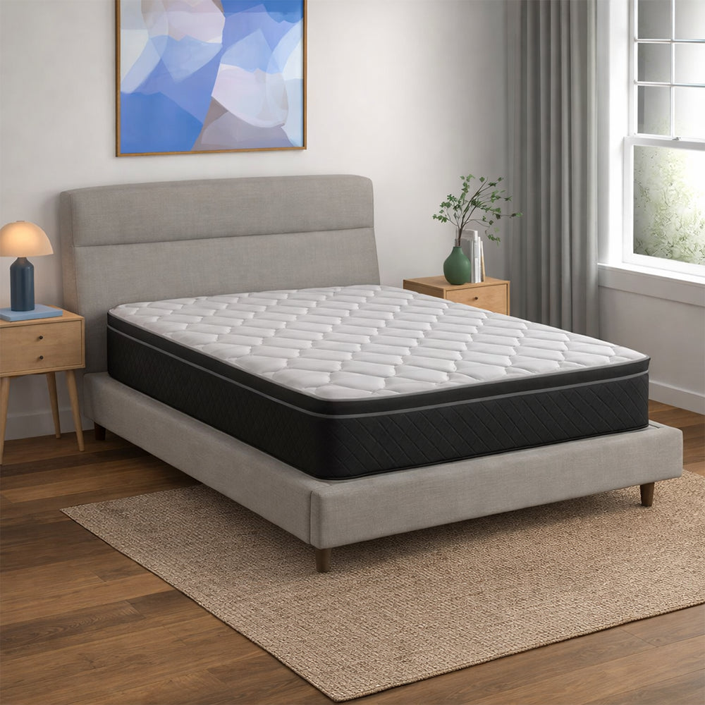 Symmetrical frontal view of the American Bedding Griffin 14" Plush Hybrid Mattress, a luxury cooling bed designed for pressure relief and back support.
