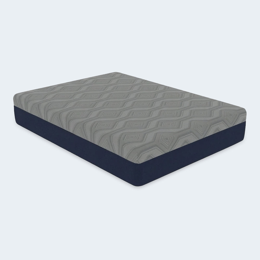 Angled perspective of the American Bedding Isotonic Percy Plush Hybrid Mattress highlighting its modern grey and navy blue dual-tone design and thick profile.
