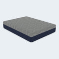 Angled perspective of the American Bedding Isotonic Percy Plush Hybrid Mattress highlighting its modern grey and navy blue dual-tone design and thick profile.
