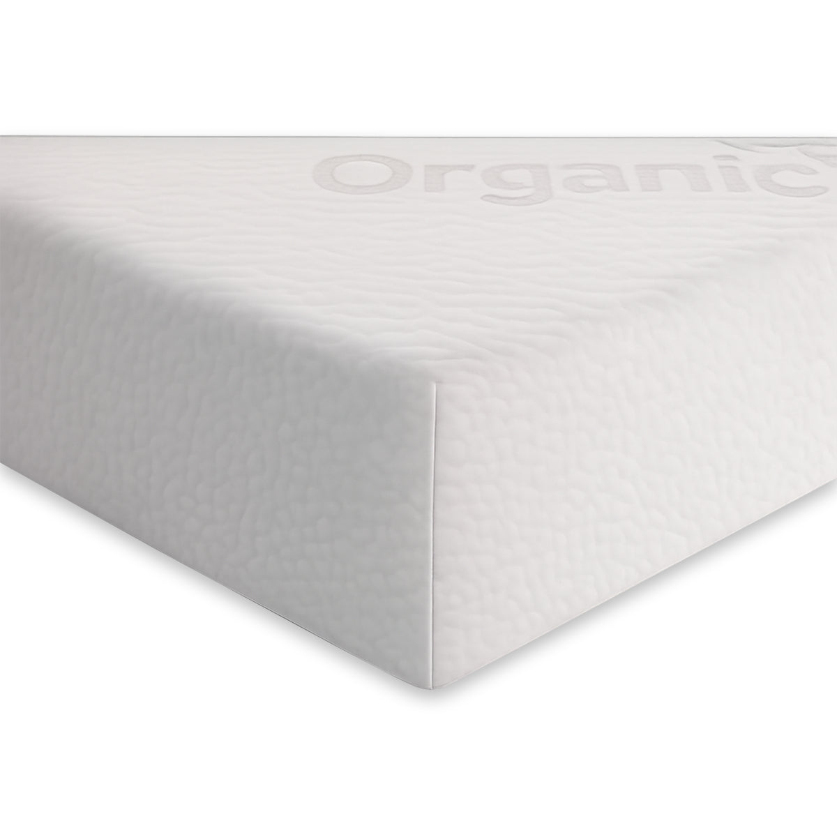 Corner view of the 6 inch Organic Hybrid Crib Mattress showing the embossed organic fabric texture.