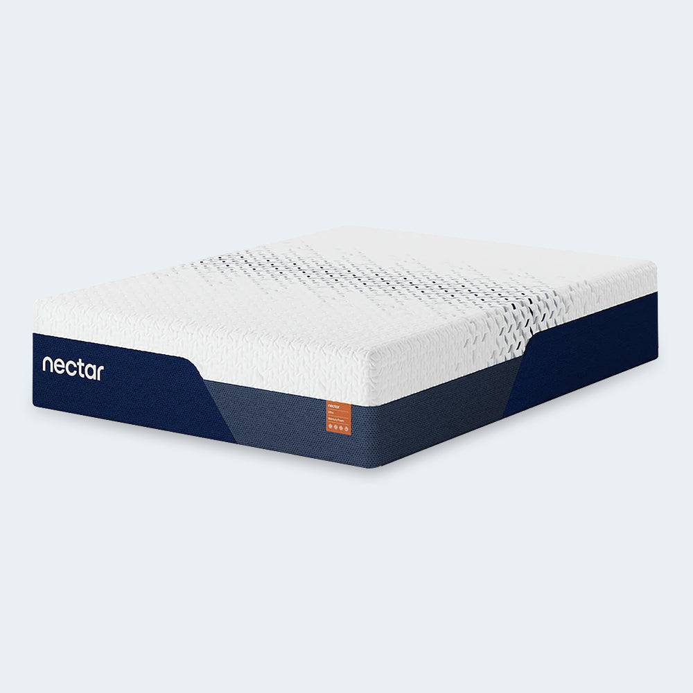 Perspective studio shot of the Nectar Ultra 15" Medium-Soft Memory Foam Mattress featuring a breathable geometric quilted top and durable navy blue side panels.
