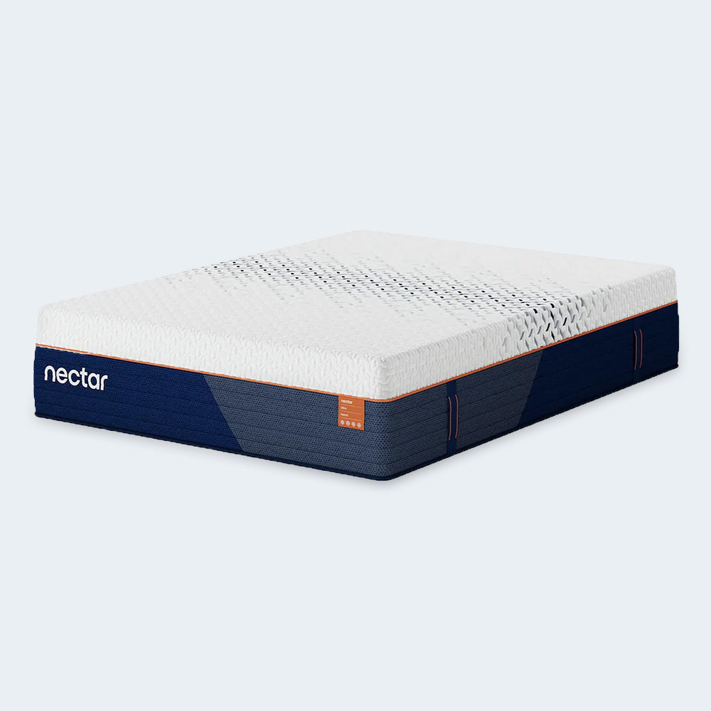 Side-angle studio shot of the Nectar Ultra Hybrid Mattress on a white background showing the geometric quilted cooling cover and navy blue border.
