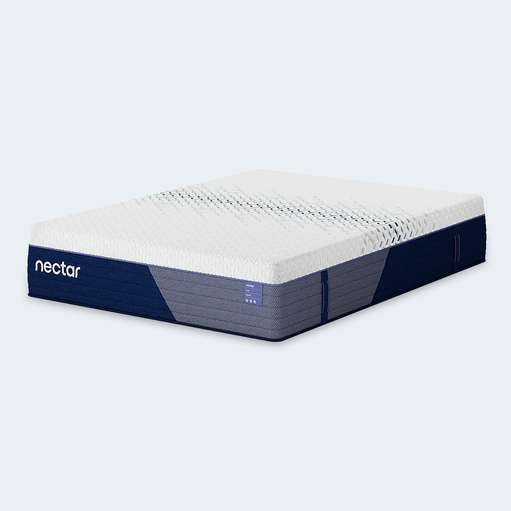 Side angle studio perspective of the Nectar Premier Hybrid 13-inch mattress highlighting the signature navy blue border and premium white quilted top.
