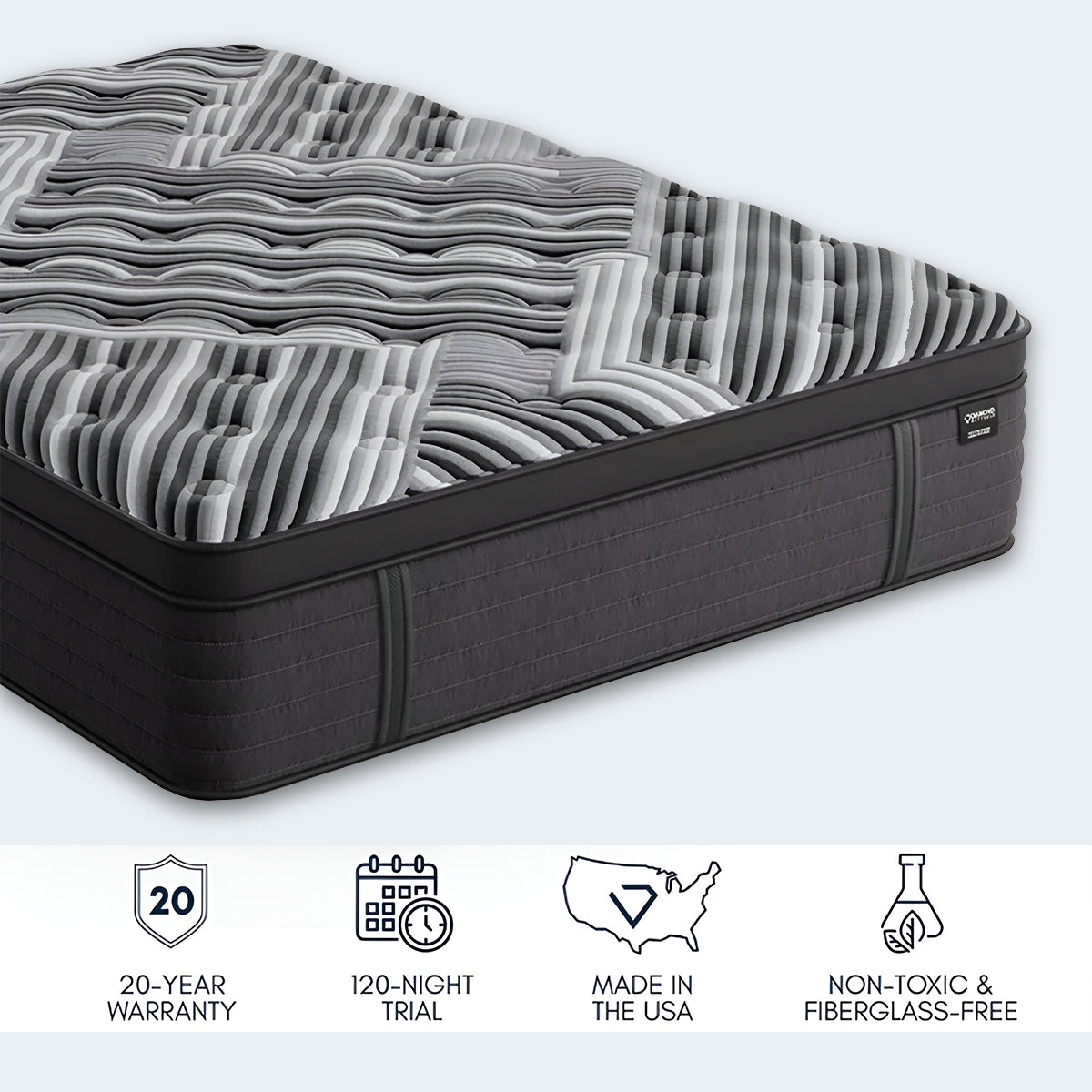 Close-up view of Dreamstage Hybrid Mattress showing durable charcoal grey side panels and non-toxic materials.