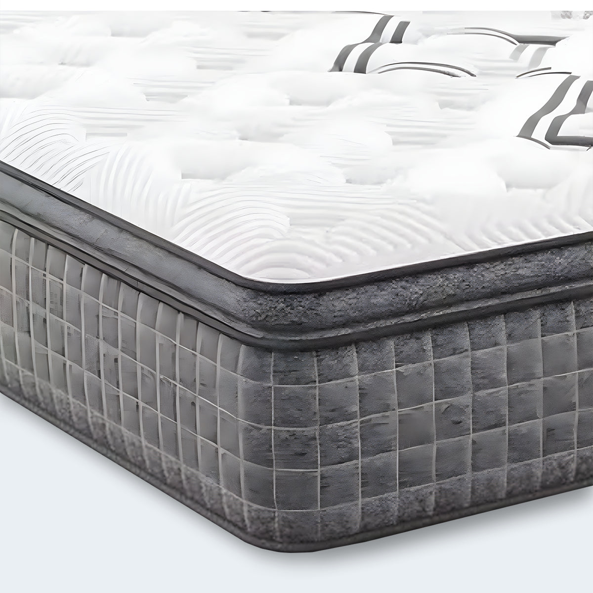 Close-up view of the corner of a Drift Euro Top Mattress detailing the stitched edge and quilted Euro top.