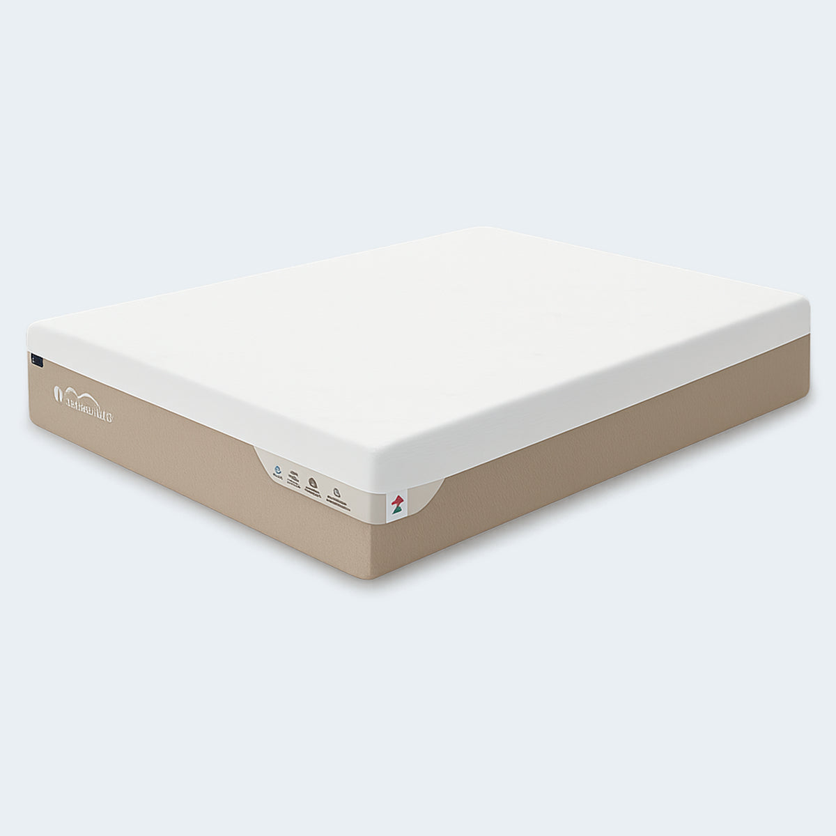 Angled view of the Americanstar 12 inch plush memory foam mattress showcasing its clean white and tan modern design.
