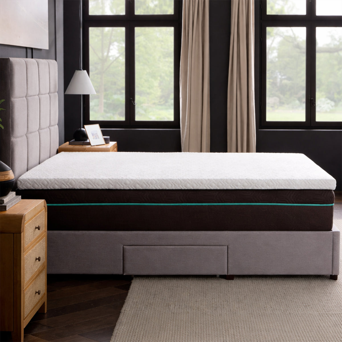 Side profile showing the thickness of the Gel Memory Foam Mattress Topper on a premium hybrid support base.