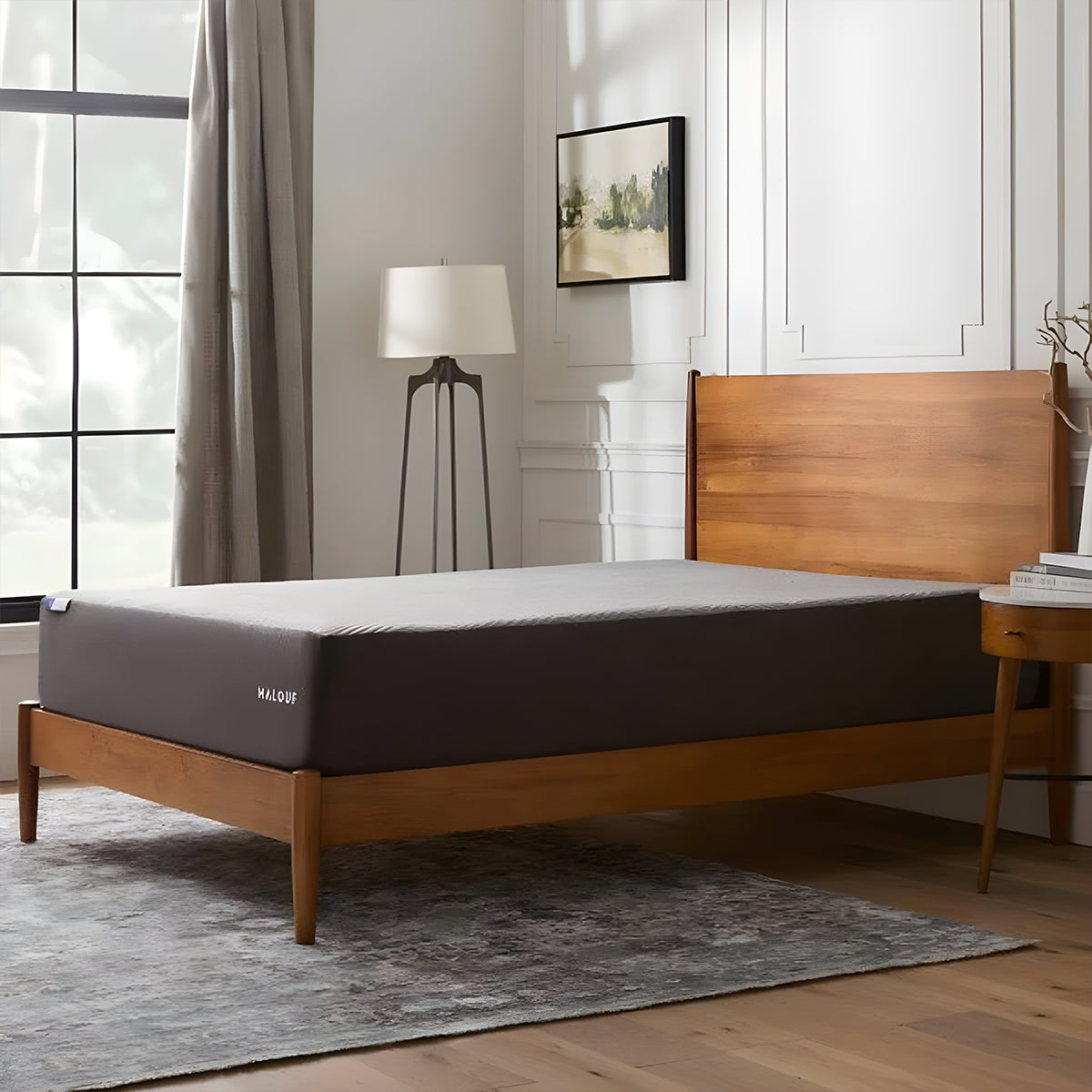 Neve 10" Activair All-Foam Mattress in bedroom setting styled with a mid-century modern wooden platform bed frame.