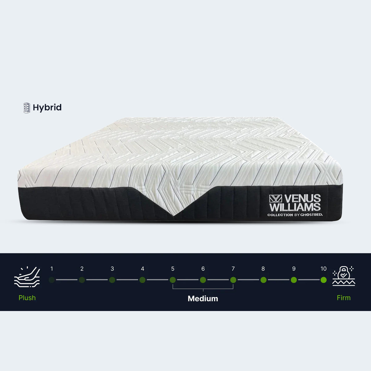 Front view of the 14" GhostBed mattress from the Venus Williams collection, featuring a modern two-tone design.