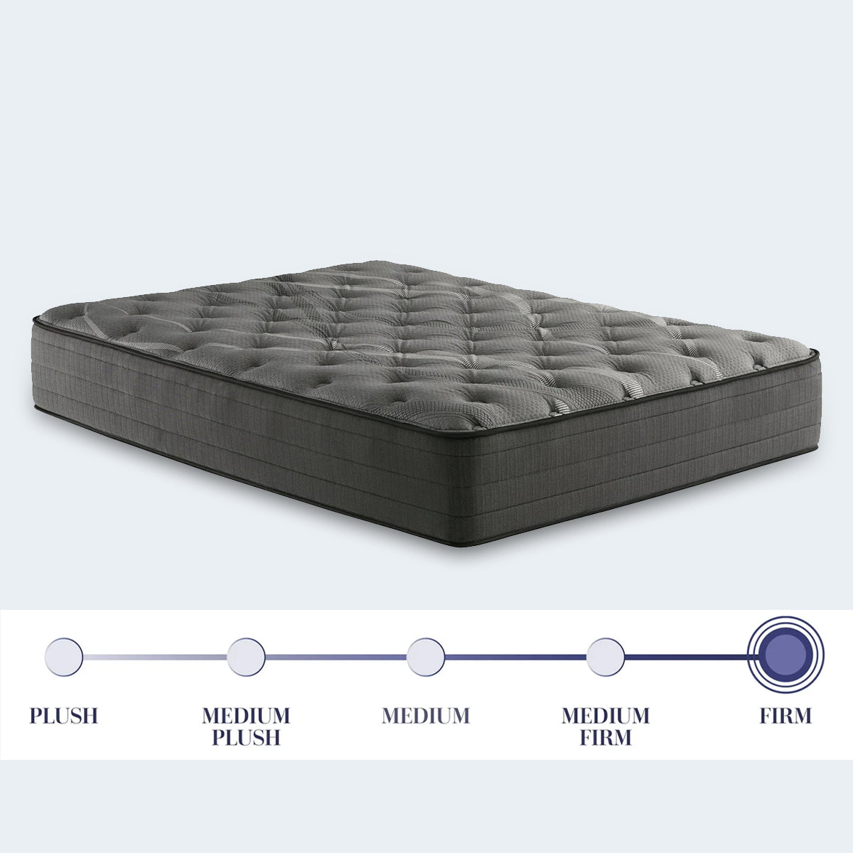 Isolated view of the Corsicana Nights Bridge 12-inch hybrid mattress with a graphic scale highlighting its extra firm comfort level.

