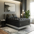 Modern master bedroom styled with the Black Diamond Lux Quilted Hybrid 15-inch mattress on a low-profile grey platform bed.
