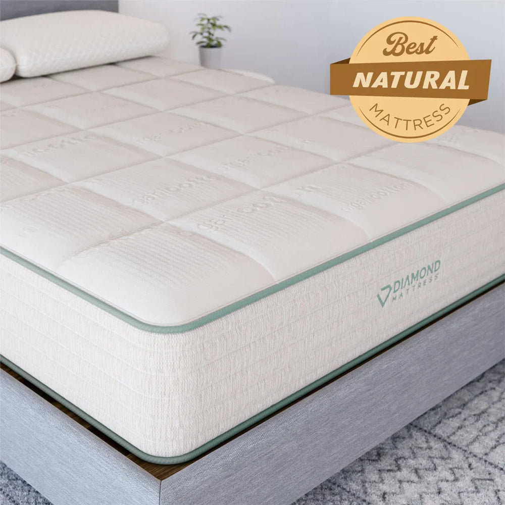 Close-up of the Sage Organic Latex mattress featuring a "Best Natural Mattress" award seal, highlighting its certified eco-friendly and clean materials.
