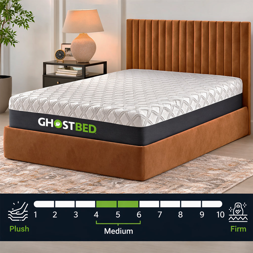 Angled view of the GhostBed 14-inch mattress on a rust-colored tufted bed frame with a graphic scale showing its balanced Medium firmness level.
