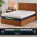 Angled view of the GhostBed 14-inch mattress on a rust-colored tufted bed frame with a graphic scale showing its balanced Medium firmness level.
