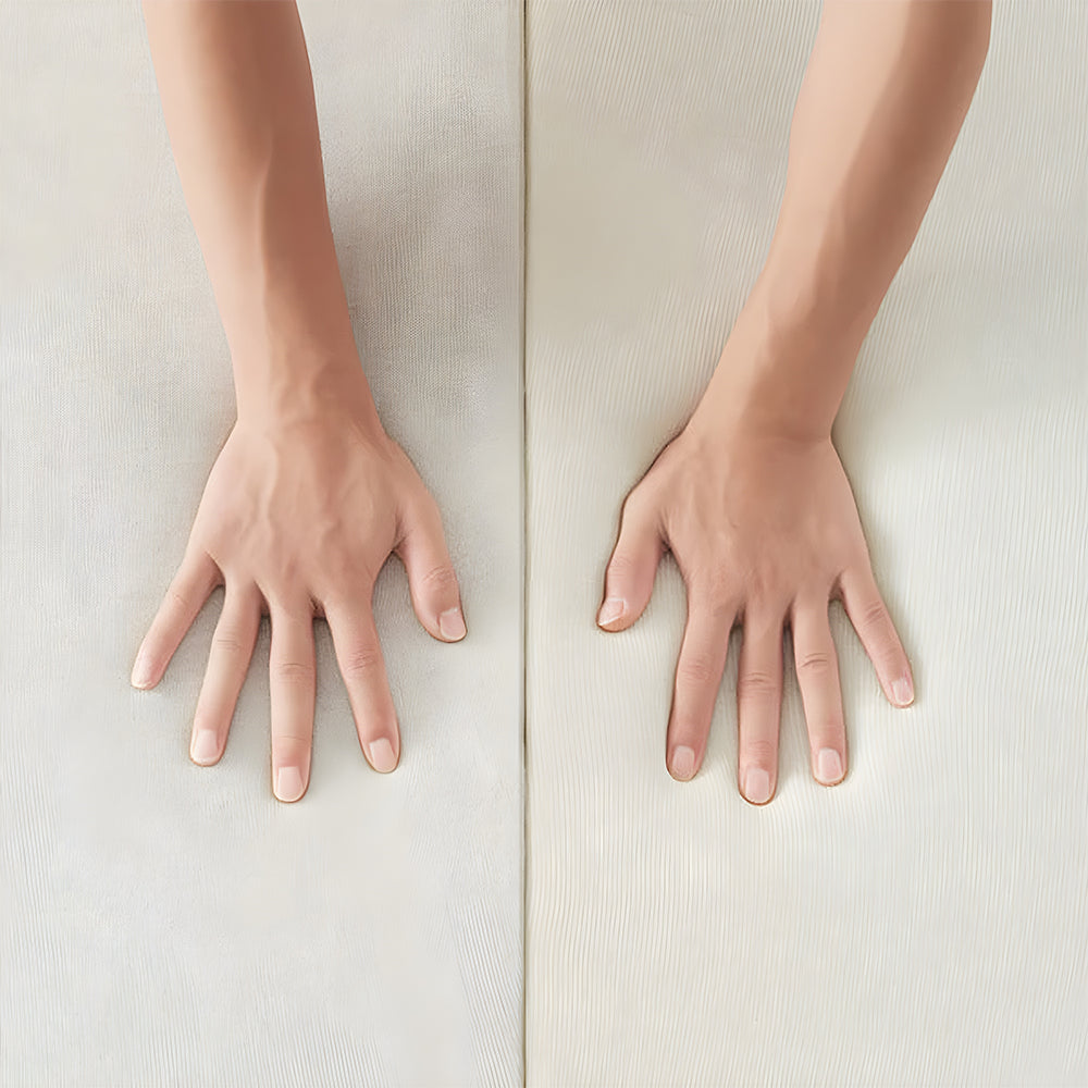 Hand pressure test on the Sleeptone adjustable mattress showing the distinct responsiveness of the plush versus firm internal foam sections.
