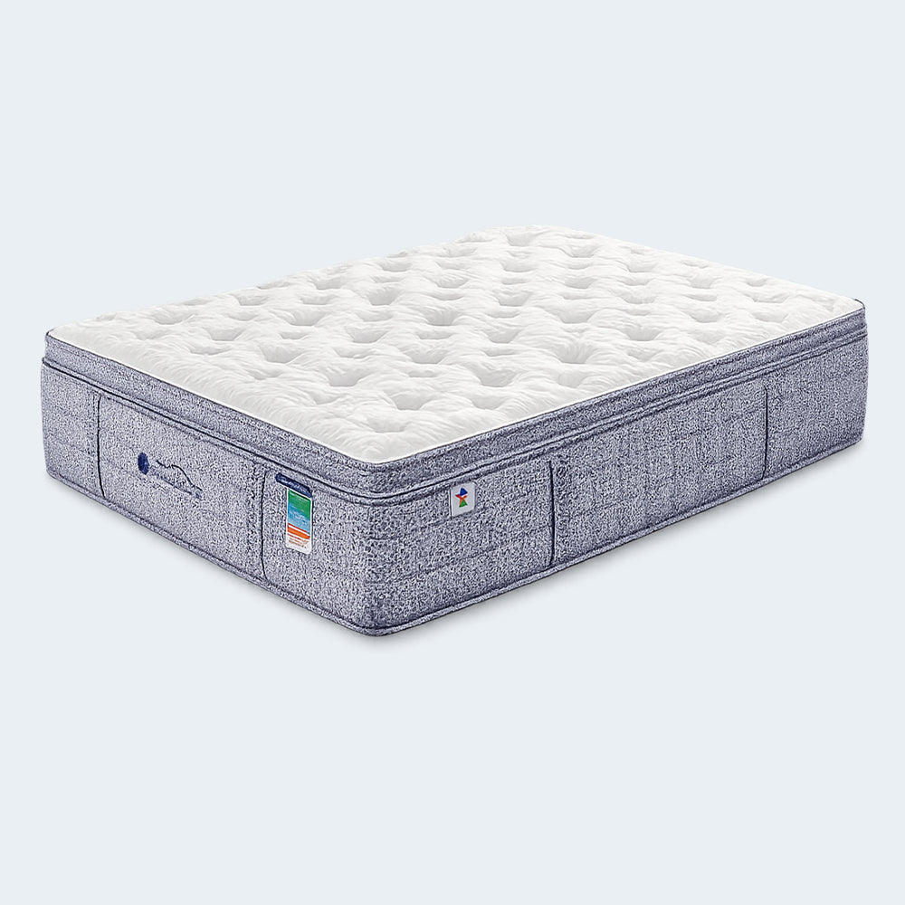 High-profile 3/4 angled view of the isolated Americanstar Bluesky 14-inch Lux Box Top Mattress with reinforced edge support and decorative blue panels.
