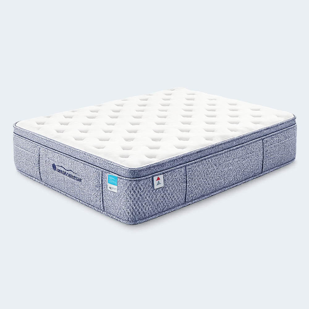 Three-quarter angled profile of the high-profile Americanstar Bluesky 13-inch Ultra Euro Top mattress showcasing its plush comfort layers.

