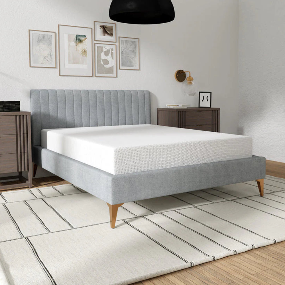 Perspective angle of the EcoCore Origin plant-based memory foam mattress by South Bay featuring a breathable white quilted cover.
