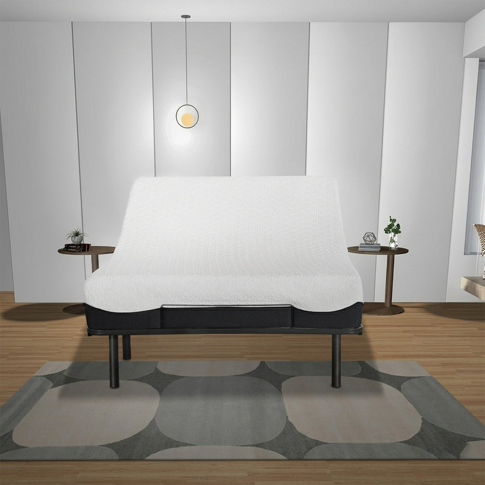 Frontal view of the Goto G50 motorized bed frame in a contemporary bedroom setting, highlighting its low-profile ergonomic design.
