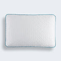 Top view of Malouf FlexFill pillow featuring quilted HyperChill cooling fabric and decorative teal piping.