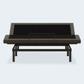 Front-facing view of the Ashley Comfort Premier steel adjustable bed foundation with the head section raised and mattress retainer bar.
