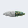 Side profile of Ghetti Reactive shredded foam pillow showing high loft and responsive foam cluster neck support.

