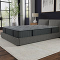 Three-quarter perspective of the Allureluxe™ Bamboo Hybrid Advanced mattress showcasing the premium charcoal grey quilted fabric and thick 10-inch profile.

