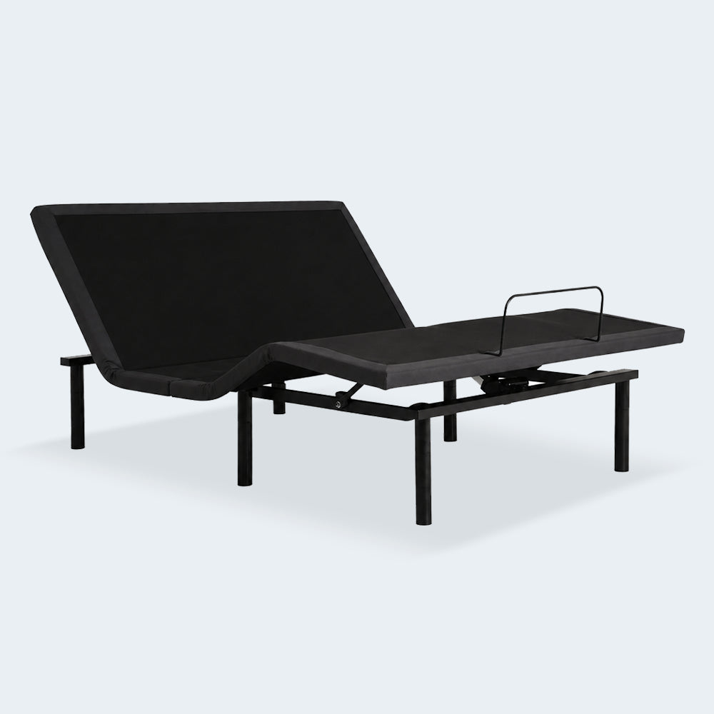 Three-quarter studio view of the Baselogic Silver adjustable bed frame showing simultaneous head and foot elevation.
