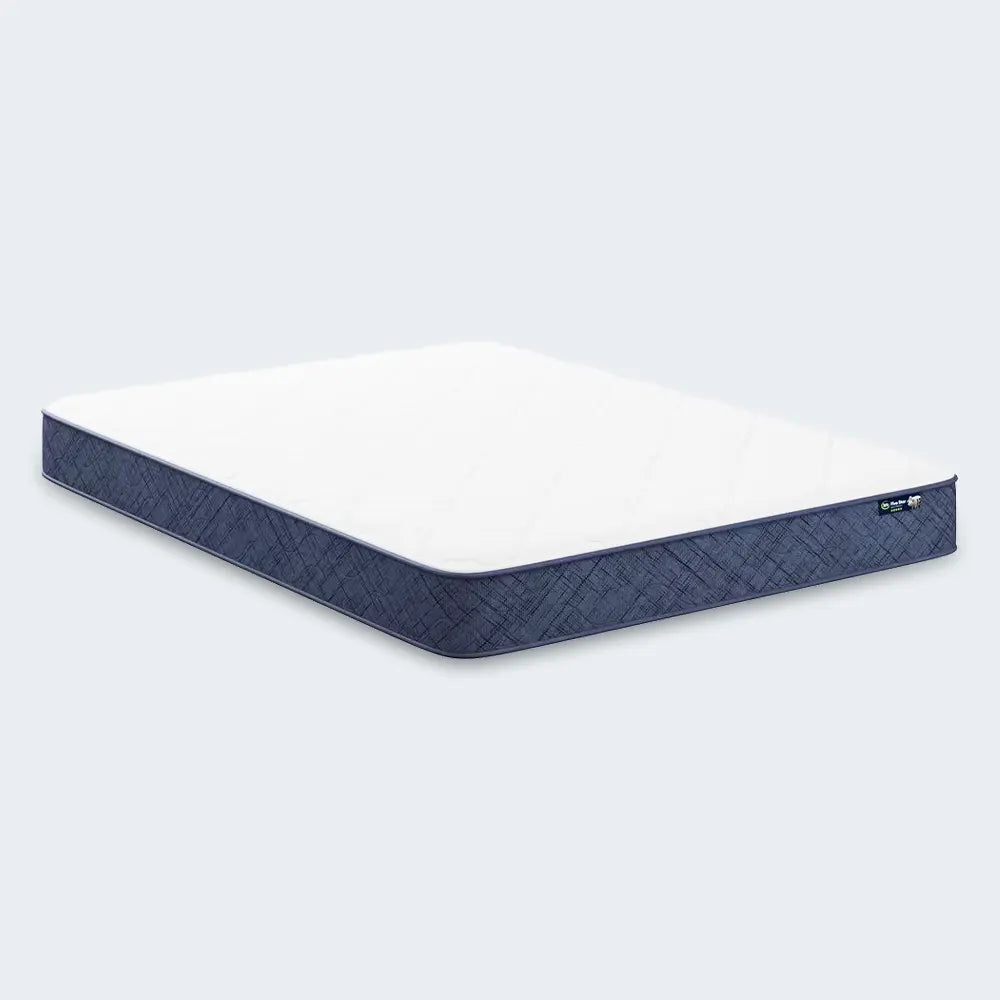 8 inch Serta Perfect Day Medium Mattress featuring a breathable quilted white top and blue border.