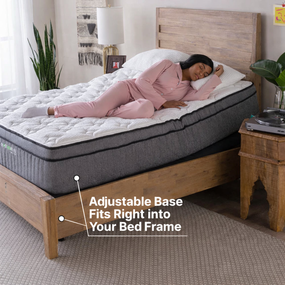 GhostBed Adjustable Base shown fitting seamlessly inside a standard wooden bed frame for a clean, zero-clearance bedroom setup.
