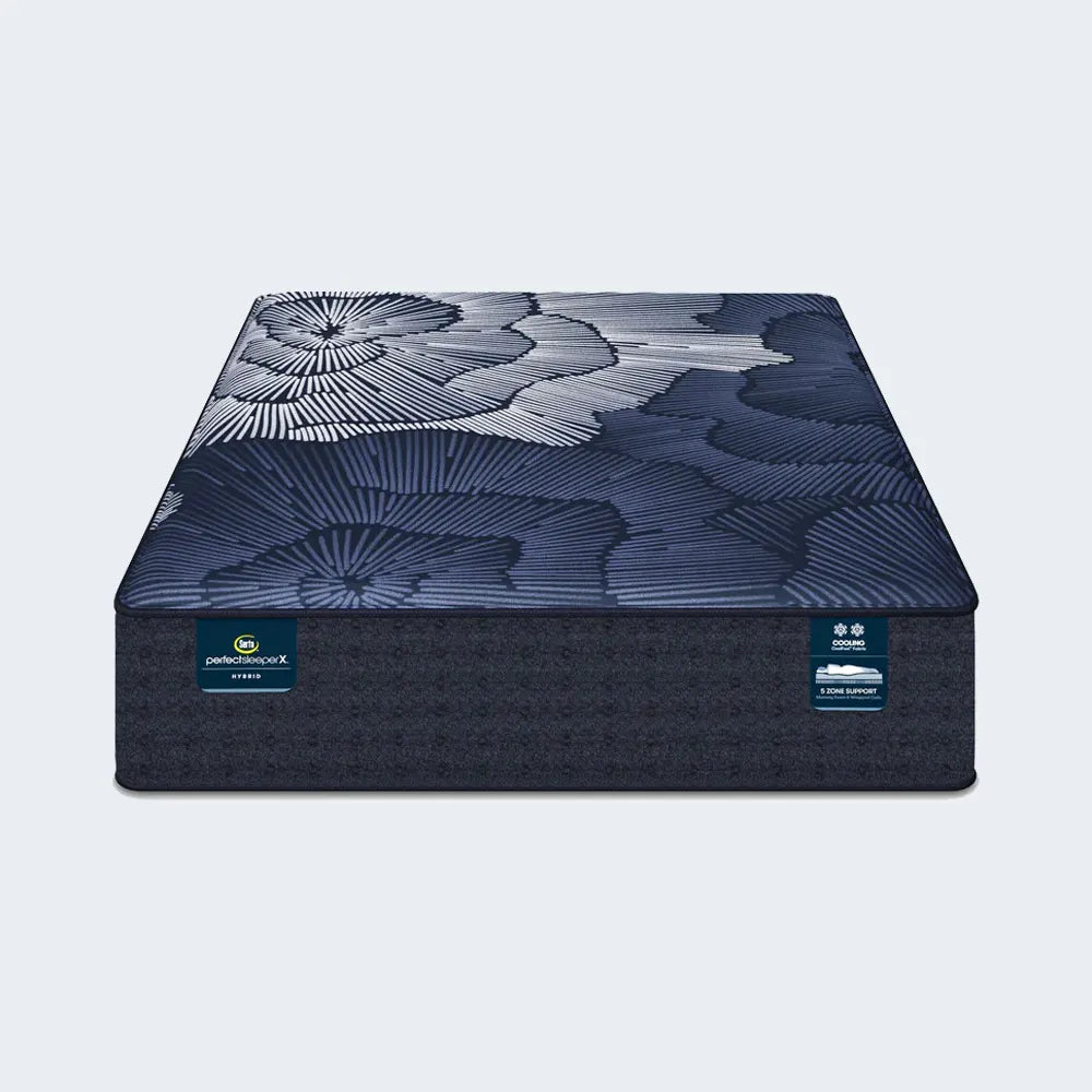 Front view of Serta Perfect Sleeper X Prescott 14 Inch Plush Hybrid Mattress with cooling patterned cover.
