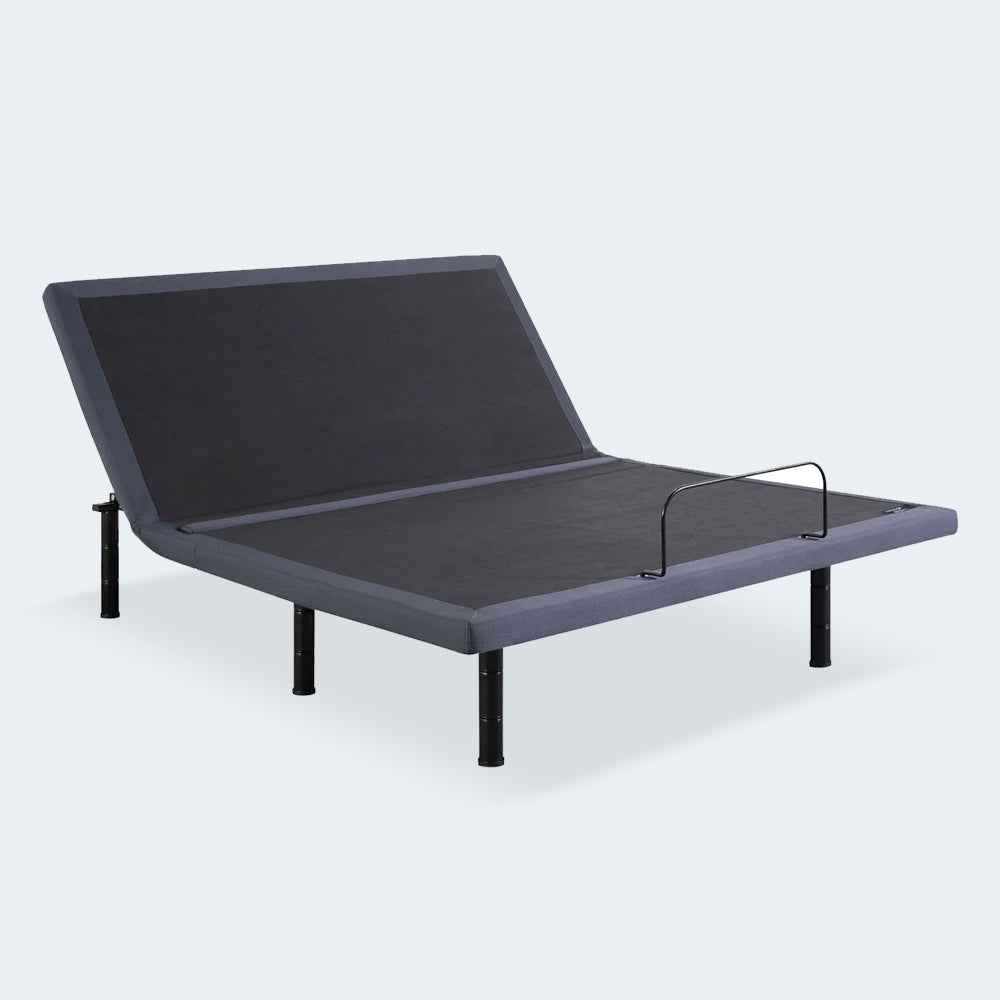 Isolated view of the baselogic™ Pearl Adjustable Bed Base featuring a slate grey upholstered frame and an elevated motorized headrest.
