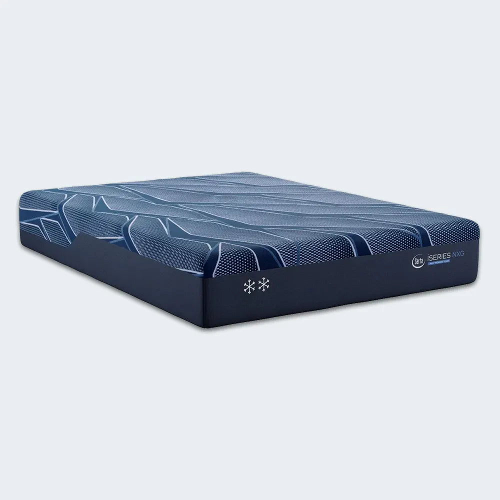 Angled view of the Serta iSeries NXG 2500 plush mattress featuring a breathable geometric cooling cover.
