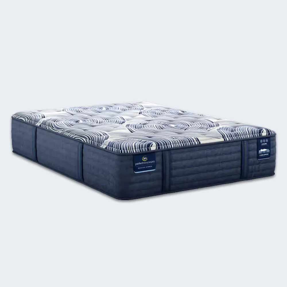 Serta Perfect Sleeper Pro Dublin 14 inch latex hybrid medium mattress with blue textured sides and cooling top.
