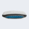 Convoluted blue gel memory foam core inside a Malouf Quilted Convolution pillow for adjustable support.
