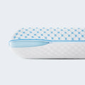 Zippered cooling cover revealing the blue ventilated gel memory foam core of a Malouf Hyperchill pillow.