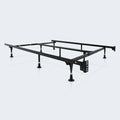 Adjustable Malouf metal bed frame with stable glides for a secure and balanced mattress foundation.
