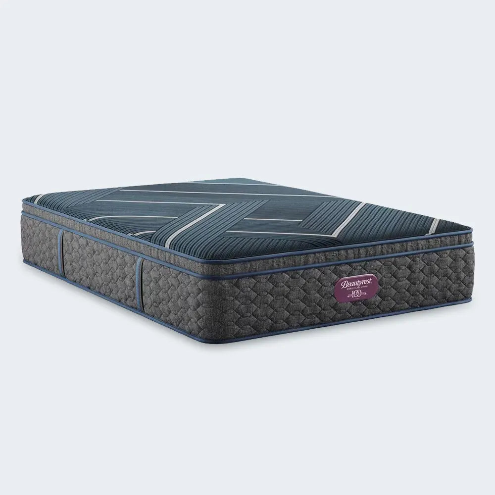 14 Inch Beautyrest World Class Hybrid Medium Pillow Top Mattress with modern geometric cover design.
