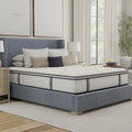 Three-quarter angle of the Sofinity Hybrid Signature 12-inch mattress highlighting the thick Euro top and premium navy blue piping.
