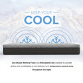 Cooling features graphic for South Bay Essentials mattress highlighting temperature-neutral sleep using gel-infused memory foam and articulated cuts.
