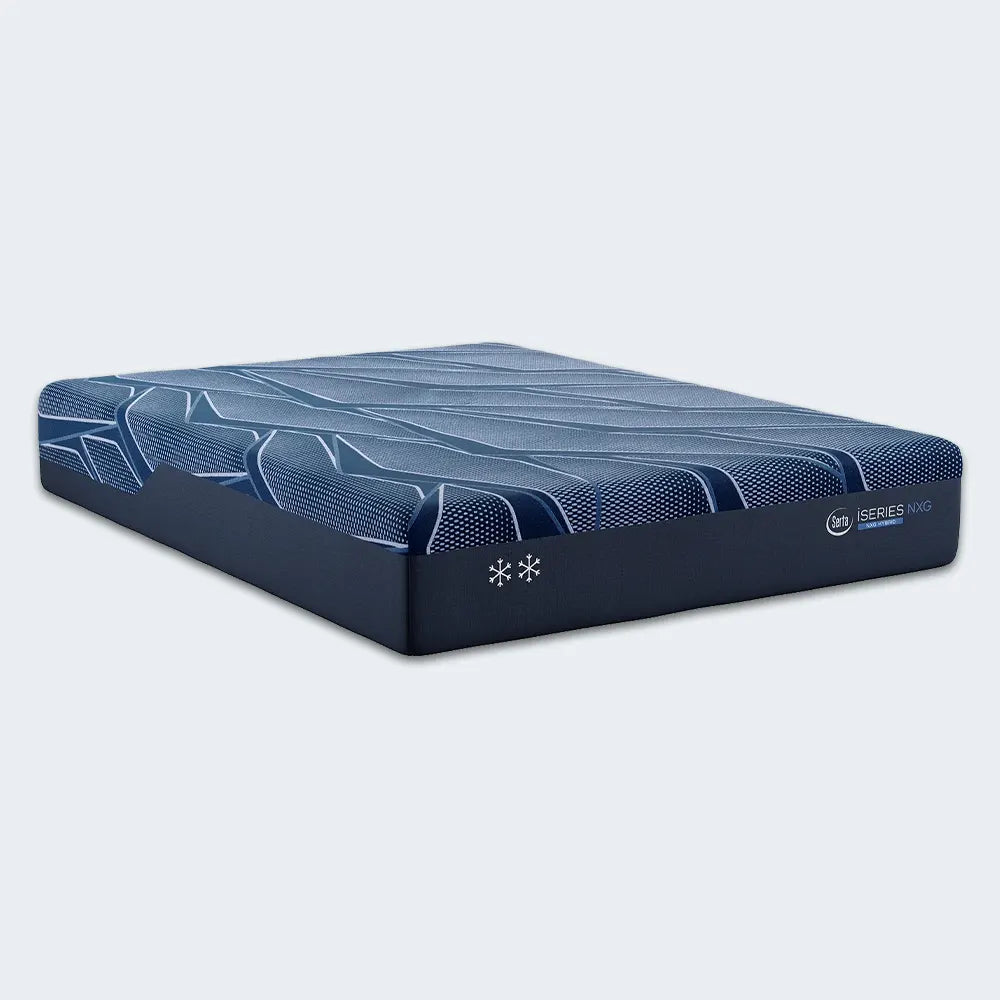 Angled view of the Serta iSeries NXG 1500 Hybrid Firm mattress featuring a cooling geometric cover.

